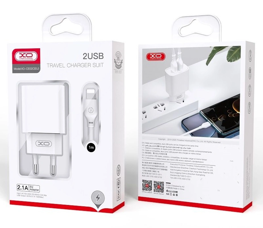 Xo tinklo įkroviklis su USB-A jungtimi ir USB-C laidu - 10W, balta, 3 nuotrauka
